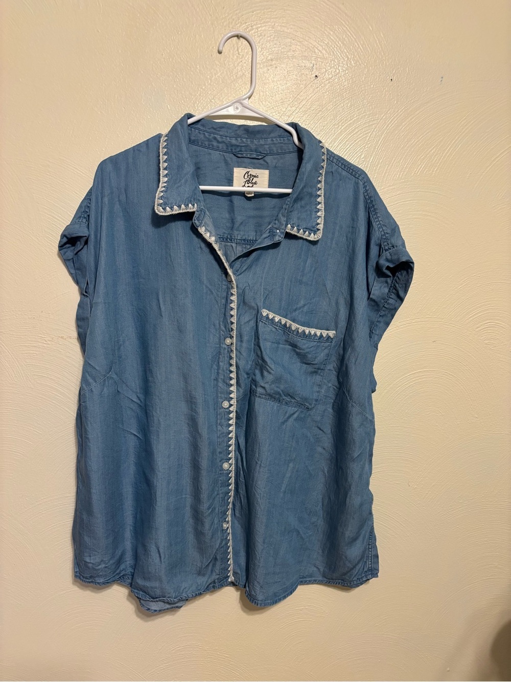 Cosmic Blue Love Lyocell Chambray Button Front Top 2X Boho Embroidered Trim
